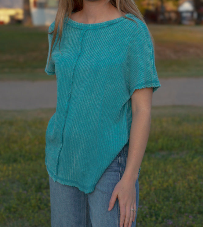 Teal - Washed Waffle Short Sleeve Top