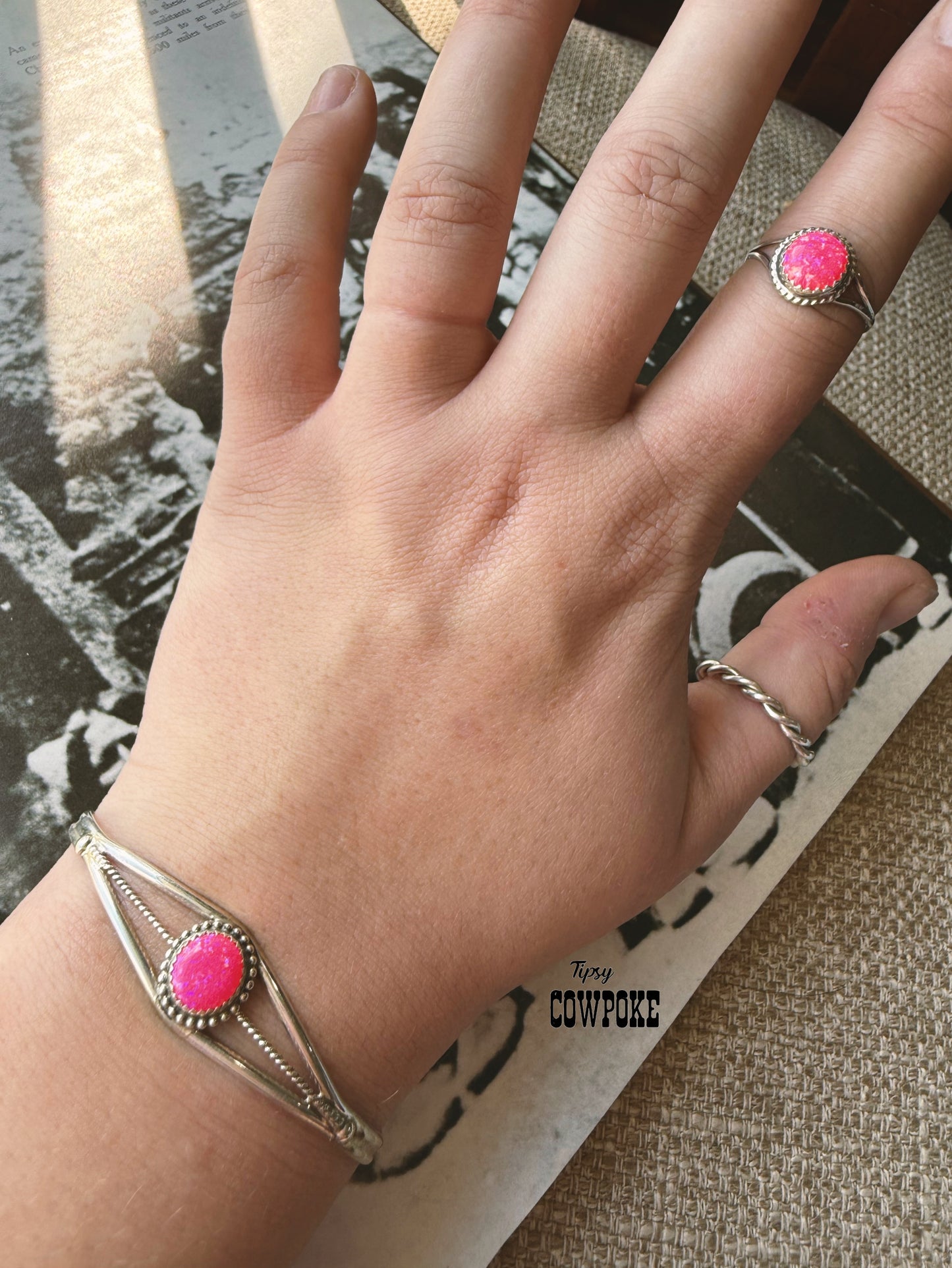Hot Pink Opal Daisy Cuff Bracelet