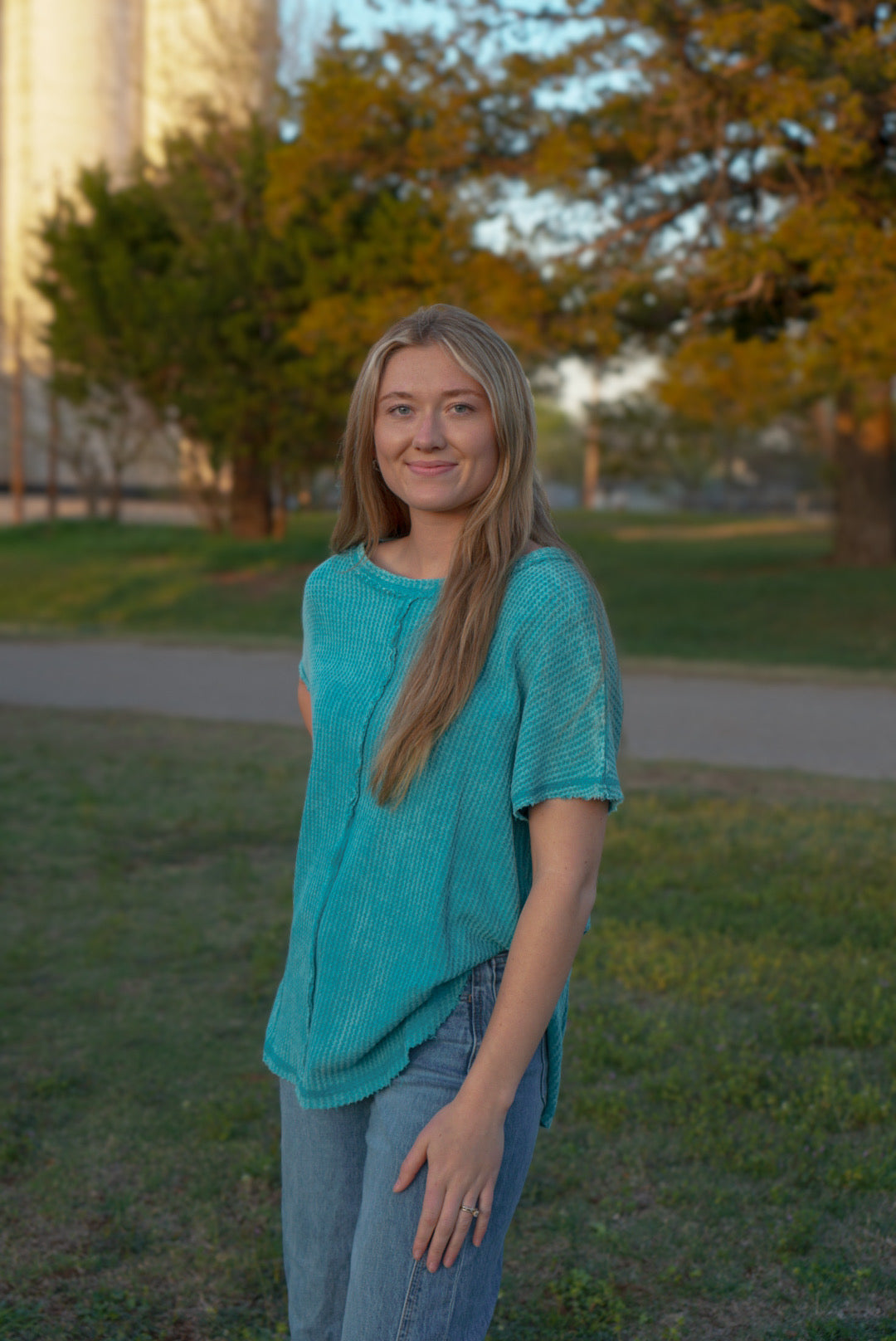 Teal - Washed Waffle Short Sleeve Top
