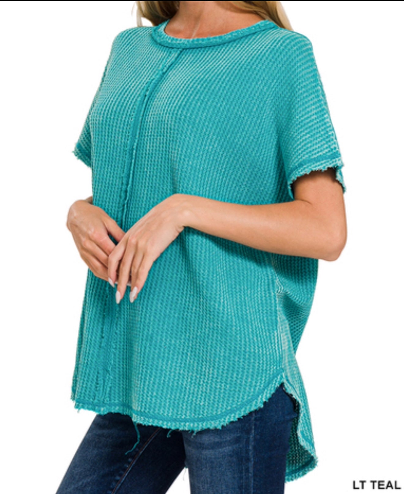 Teal - Washed Waffle Short Sleeve Top