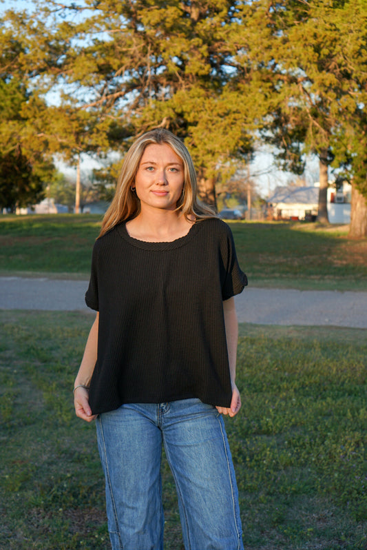 Black - Ribbed Short Sleeve Top