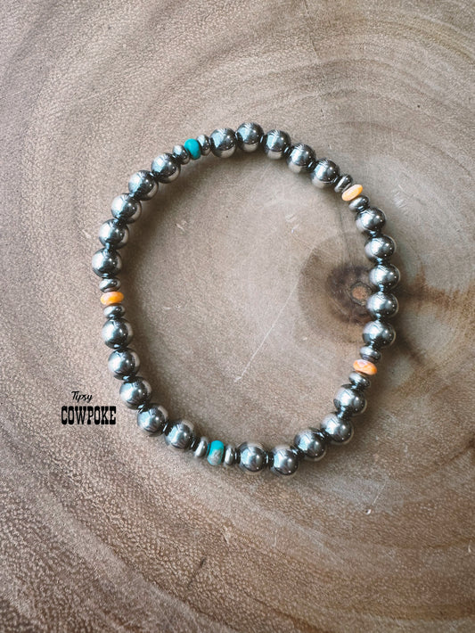 6mm Sterling Pearl with Turquoise and Spiny Oyster Stretch Bracelet